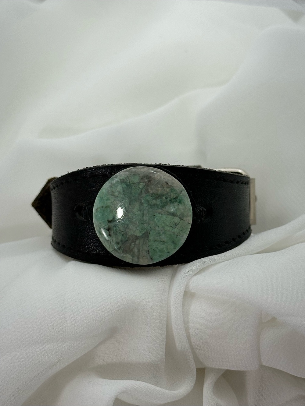 Handmade Guatemalan Jade Leather Cuff Bracelet Adjustable